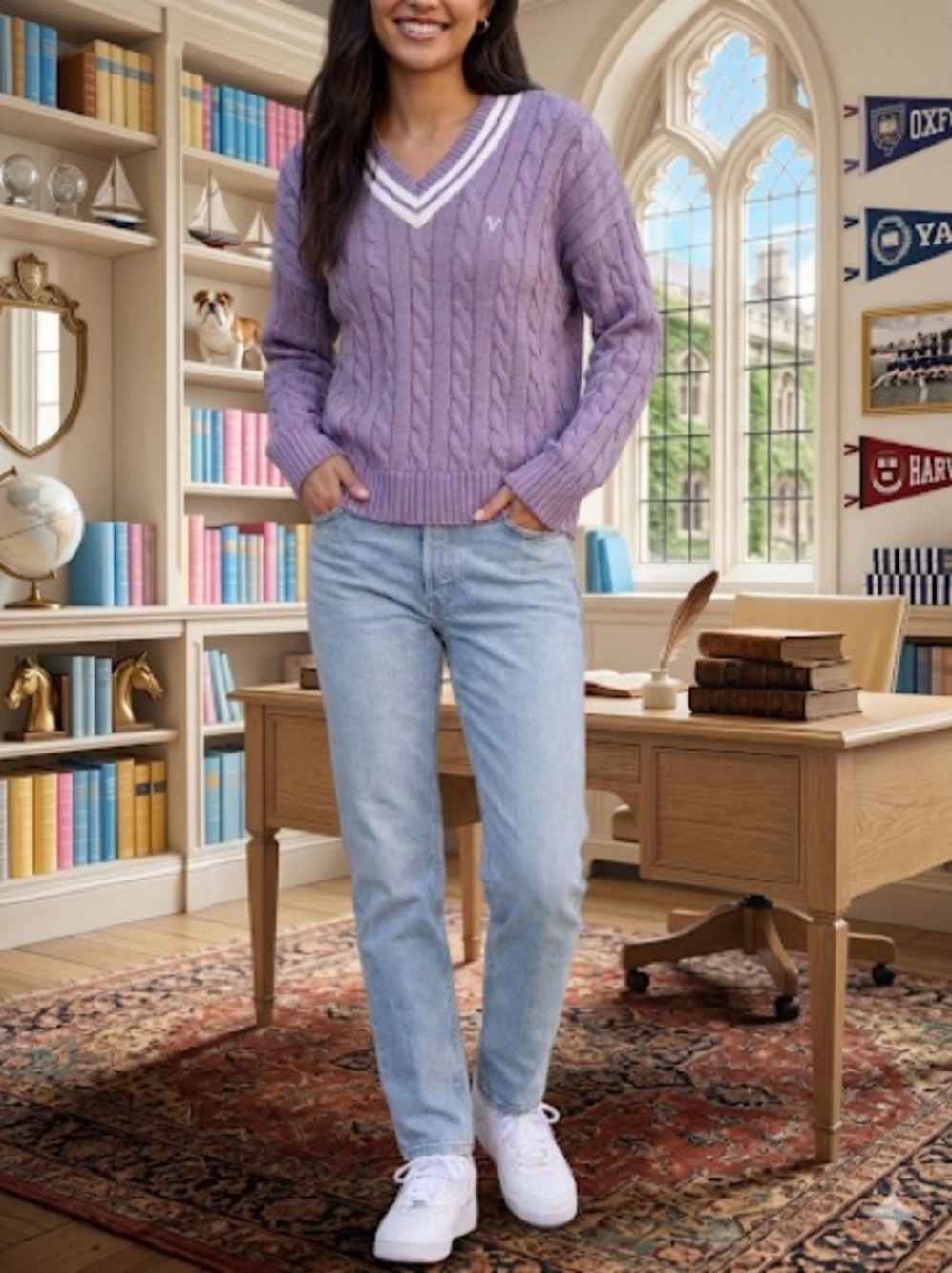 TNA Lavender Cable Knit V-Neck Sweater with White Trim Fits like a MEDIUM